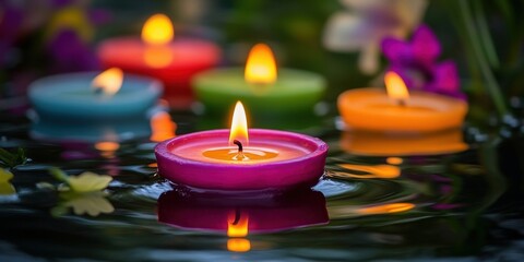 Fototapete - Vibrant floating candles in pink, green, blue, and orange glow softly on calm water surface surrounded by tropical flowers for relaxation and reflection.