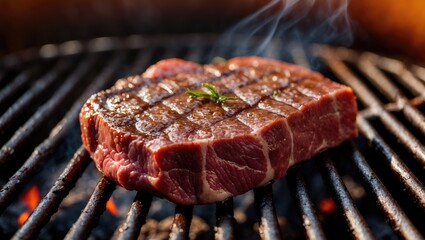 Poster - Raw steak on barbecue grill with smoke, showcasing grilling process and ideal for culinary promotions or meat-related content.