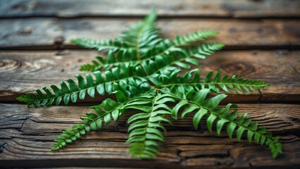Poster - Lush green fern leaves artfully arranged on a rustic wooden table showcasing nature's beauty in a serene and calming composition.