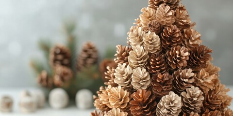 Poster - Festive pine cone Christmas tree arrangement in warm browns and creams with blurred greenery background creating a cozy winter decor scene