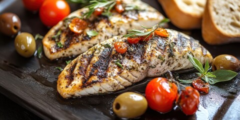 Poster - Grilled fish fillet on a black plate garnished with cherry tomatoes green olives and slices of bread showcasing vibrant colors and textures