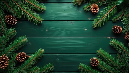 Aufkleber - Festive Christmas Background Featuring Pine Branches and Cones on Dark Green Wooden Surface with Space for Holiday Messages or Designs