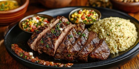 Poster - Grilled steak slices on a black plate with quinoa and colorful side dishes of salsa and corn salad on a rustic wooden table setting