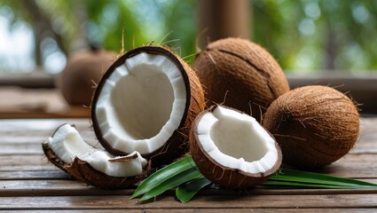 Aufkleber - Coconut fruits with fresh white pulp arranged on wooden surface showcasing natural textures and tropical ambiance typical of coconut harvest.
