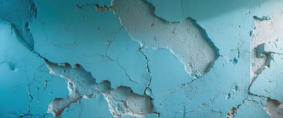 Poster - Textured light blue stucco wall with a grunge finish showcasing cracks and imperfections ideal for artistic backgrounds and design projects.