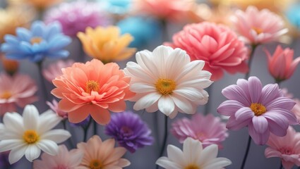 Aufkleber - Soft focus colorful flowers on textured mulberry paper background creating a serene and artistic floral composition for design purposes.