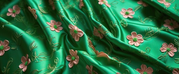 Poster - Elegant green silk fabric featuring an embossed floral pattern, showcasing a unique shine and intricate design ideal for apparel and decor.
