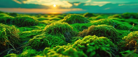 Poster - Vibrant green moss texture illuminated by sunset light creating a serene and natural landscape atmosphere.