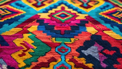 Aufkleber - Vibrant close-up of a colorful African Peru style rug showcasing intricate patterns and rich textures ideal for interior design inspiration.