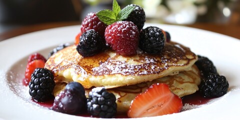 Poster - Delicious stacked pancakes topped with fresh mixed berries including raspberries and blackberries on a white plate with powdered sugar and mint garnish.