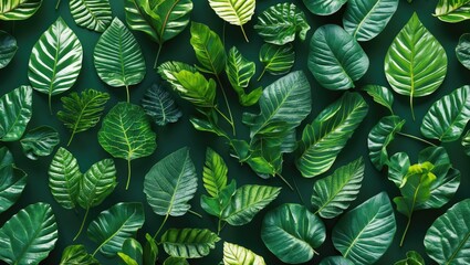 Poster - Vibrant green leaf pattern showcasing diverse botanical textures in a lush and natural setting ideal for nature-themed designs.