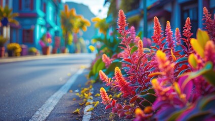 Poster - Vibrant Floral Plants Along a Colorful Side Road in a Scenic Urban Setting