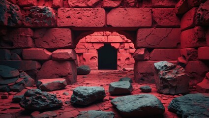 Poster - Textured red sandstone wall with grunge effect, featuring dark entrance and scattered rocks, creating a mysterious and dramatic atmosphere.