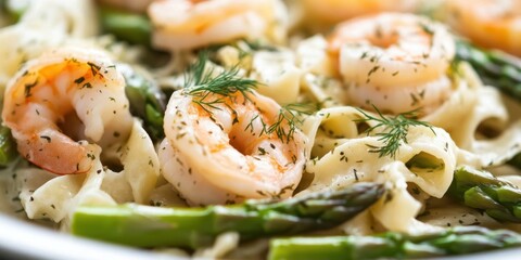 Aufkleber - Creamy dill tagliatelle pasta with shrimp and asparagus garnished with fresh dill served in a white bowl on a light background
