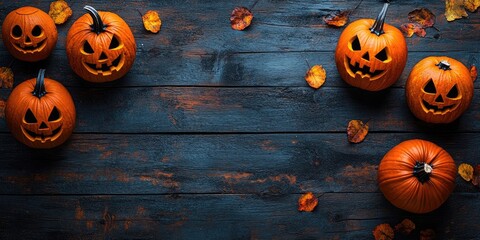 Poster - Halloween pumpkins arranged on a weathered dark blue wooden table with fallen autumn leaves and space for text in the center.