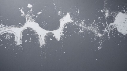 Poster - Textured grey background with scattered white paint splatters and stains creating an artistic and abstract appearance for creative designs.