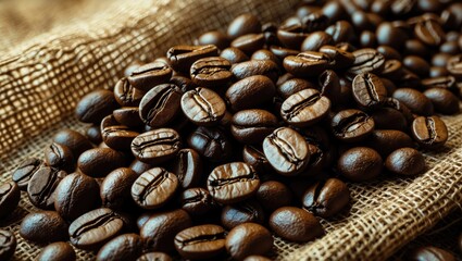 Aufkleber - Coffee beans scattered on burlap fabric showcasing rich textures and natural elements for culinary or beverage-related concepts.