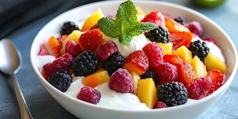 Aufkleber - Fresh fruit salad with vibrant strawberries raspberries blackberries and mint atop creamy yogurt in a white bowl on a rustic blue surface.