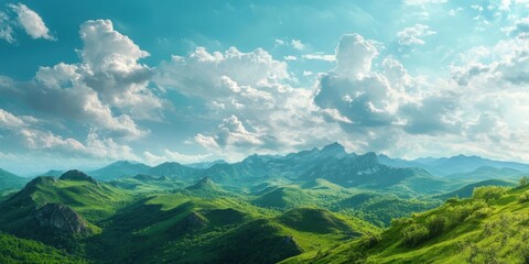 Leinwandbilder - Lush green mountains extend across the foreground under a bright turquoise sky filled with fluffy white clouds creating a serene natural landscape