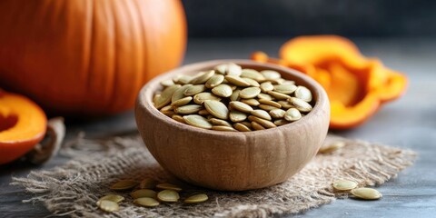 Aufkleber - Pumpkin seeds in a textured wooden bowl with scattered seeds and fresh pumpkin slices on a rustic surface in warm orange and natural tones