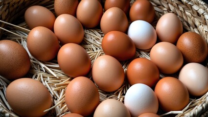 Aufkleber - Brown chicken eggs in a natural woven basket filled with rice straw showcasing diverse textures and colors for culinary or farming themes.