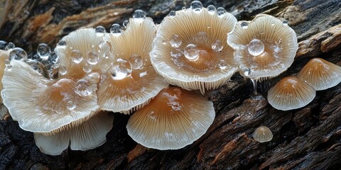 Fototapete - Delicate wild mushrooms with translucent caps grow on textured dry logs, accented by glistening water droplets, earthy tones and organic shapes.