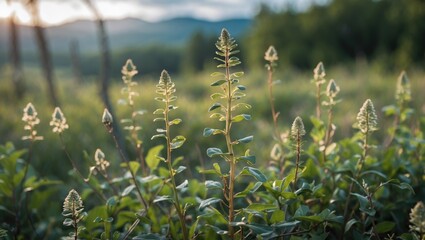 Aufkleber - Close-up view of vibrant wild plants with soft sunlight illuminating green leaves and stalks against a blurred natural landscape background