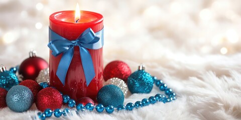 Poster - Festive red candle adorned with blue ribbon surrounded by shimmering red and blue ornaments on soft white fur Christmas backdrop