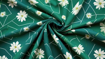 Poster - Modern green fabric featuring white floral prints and geometric lines, perfect for textile design, fashion, and contemporary interior decor.