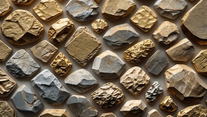 Poster - Golden and gray stone texture background featuring various stone shapes and sizes for design and artistic projects.