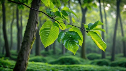 Poster - Lush green leaves on a tree branch in a serene forest setting showcasing nature's tranquility and vibrant foliage.