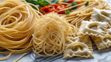 Poster - Assorted fresh pasta types including spaghetti, fettuccine, and ravioli displayed on a marble surface with herbs and cherry tomatoes.