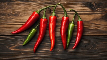 Aufkleber - Vibrant red and green chili peppers arranged on a rustic wooden surface showcasing fresh produce and culinary potential