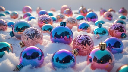 Poster - Vibrant Christmas ornaments scattered on a white snowy surface creating a festive holiday atmosphere.