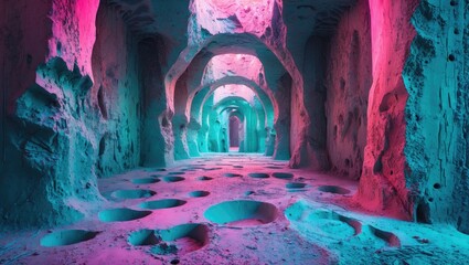 Poster - Abstract colorful cavern with textured walls and illuminated arches creating a mesmerizing underground scene for creative design projects.
