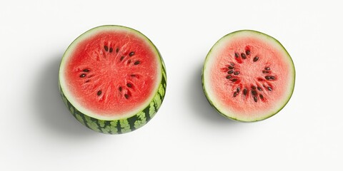 Poster - Half of a mini watermelon sits on a clean white background showcasing vibrant red flesh and black seeds alongside a slice of the green rind.