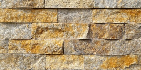 Fototapete - Rustic seamless yellow granite wall texture featuring warm earthy tones with varying shades of yellow and gray arranged in a stacked cladding pattern.