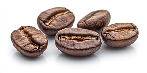 Poster - Freshly roasted coffee beans in shades of dark brown arranged closely on a smooth white surface, highlighting their rich texture and natural sheen.