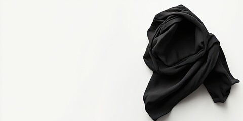 Poster - Elegant black silk scarf draped on a soft white surface with smooth folds creating a stylish contrast and inviting texture.
