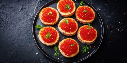 Poster - Gourmet appetizer featuring round crisp bread topped with bright red caviar and fresh green parsley on a black textured plate.