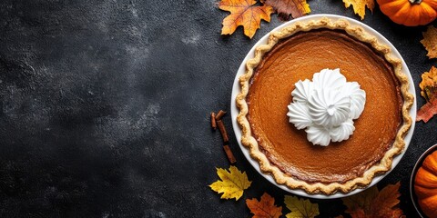 Aufkleber - Delicious pumpkin pie with whipped cream on top surrounded by autumn leaves and decorative pumpkins on a dark textured background