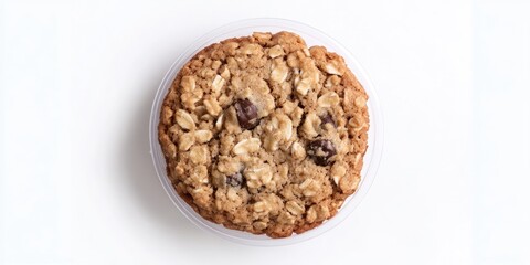 Poster - Oatmeal cookie in clear plastic packaging centered on white background showcasing its texture and inviting color with a warm brown hue.