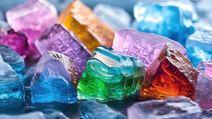 Aufkleber - Colorful translucent ice cubes scattered on a reflective surface creating a vibrant and refreshing background for various designs.
