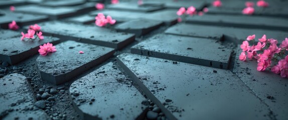 Aufkleber - Textured grey concrete surface with scattered pink flowers creating a contrast of nature and man-made elements in a modern aesthetic.