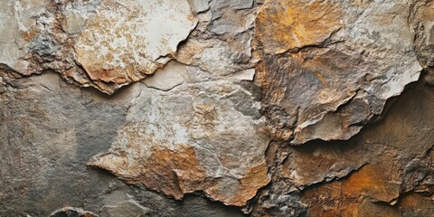 Poster - Textured slate rock wall featuring earthy tones of brown, gray, and orange, with layered, irregular shapes creating depth and visual interest.