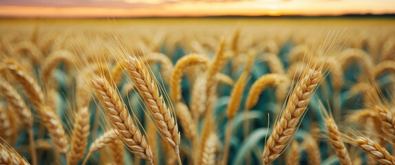 Poster - Golden Wheat Ears Close Up in a Lush Summer Field with Dramatic Sunset and Space for Text or Branding