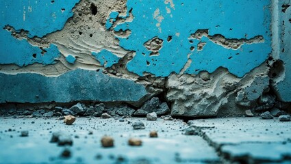 Aufkleber - Textured close-up of weathered concrete floor and chipped light blue wall showcasing cracks and debris for urban decay backgrounds.
