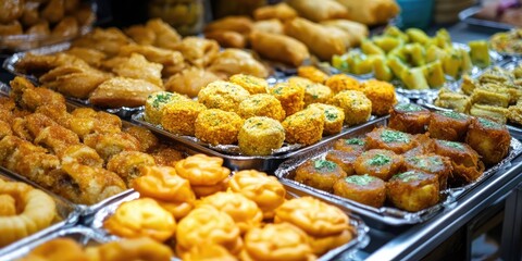 Poster - Colorful display of assorted pastries and sweets in a vibrant market setting featuring golden, orange, and yellow treats arranged in neat rows.