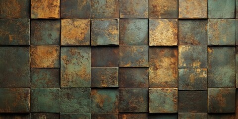 Poster - Rustic wall texture featuring square tiles in earthy tones of deep green and bronze arranged in a grid pattern creating a vintage appearance.