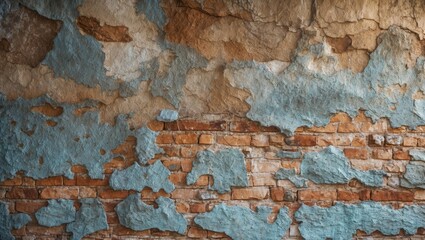 Poster - Detailed grunge wall texture with peeling paint and exposed brick in warm earthy tones suitable for backgrounds and design projects.